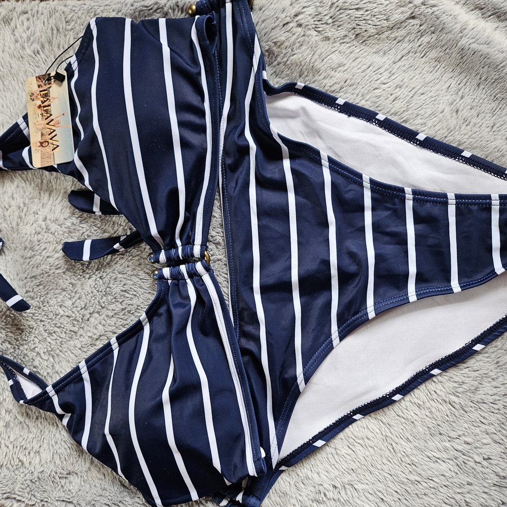 Navy and White Striped Bikini Set